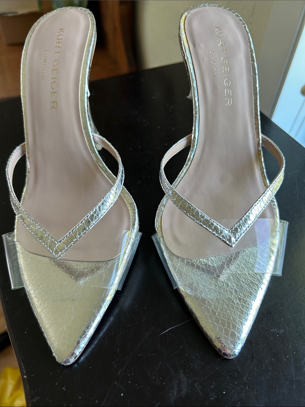 Kurt Geiger London silver metallic clear plastic heels size 40